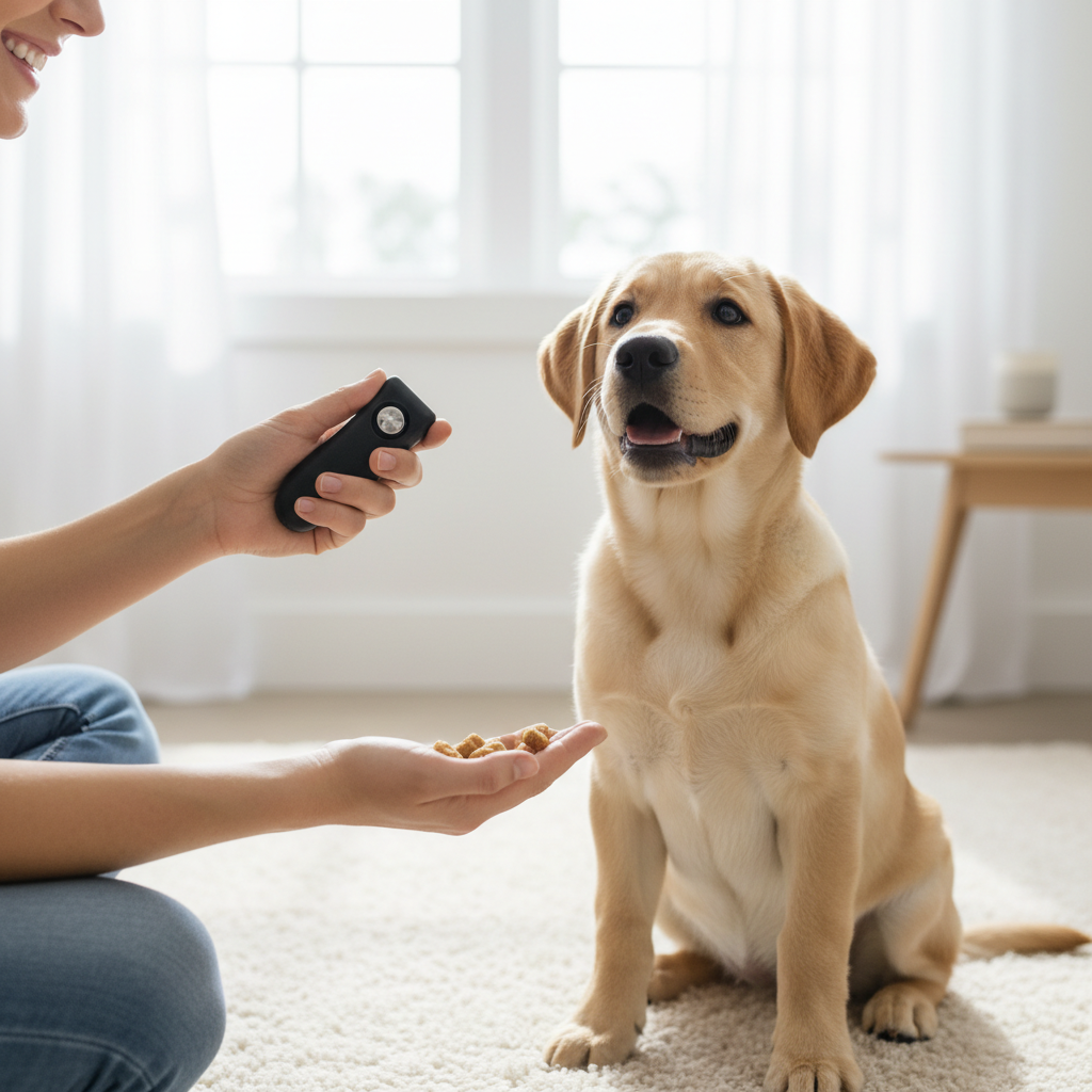 Positive reinforcement puppy training method using treats and a clicker