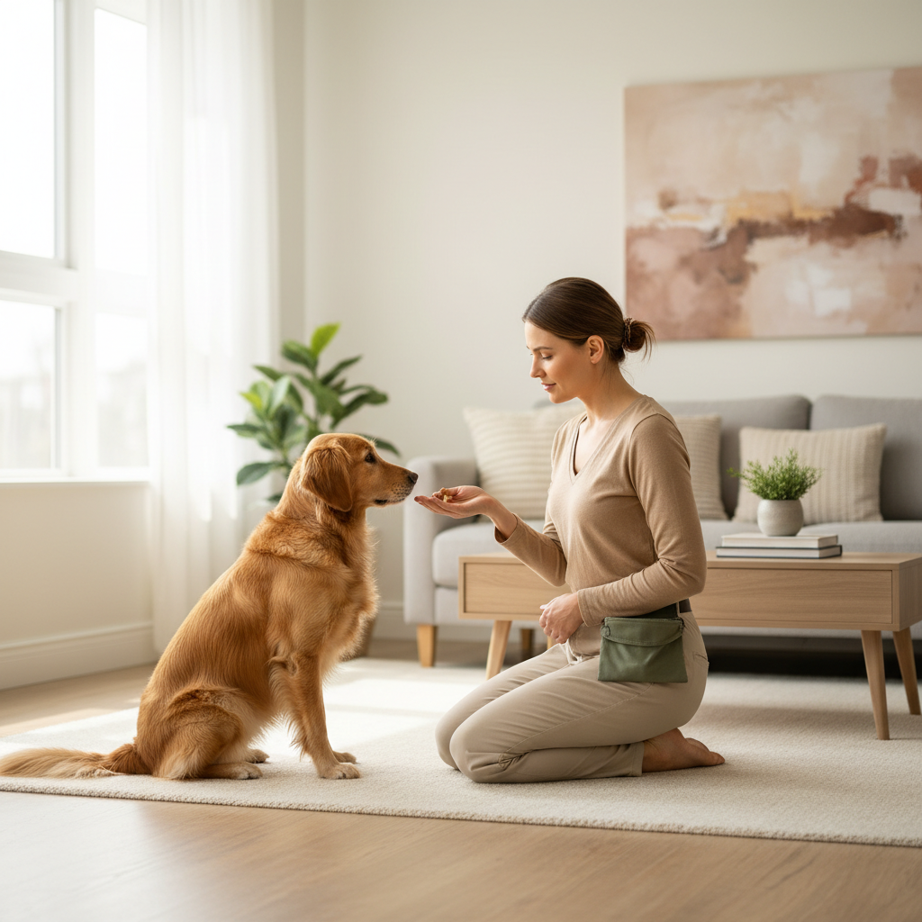 Dog owner practicing calm training to reduce barking at home