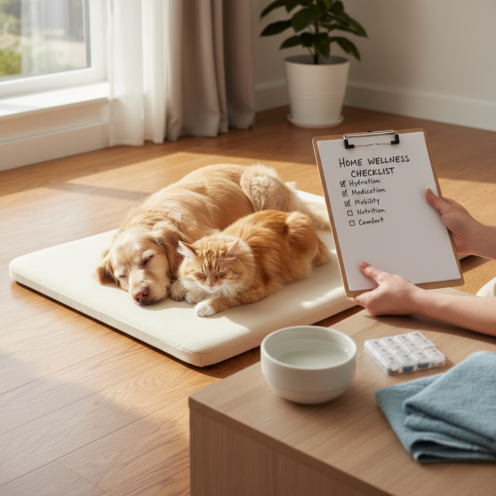 Senior dog and cat at home wellness check setup