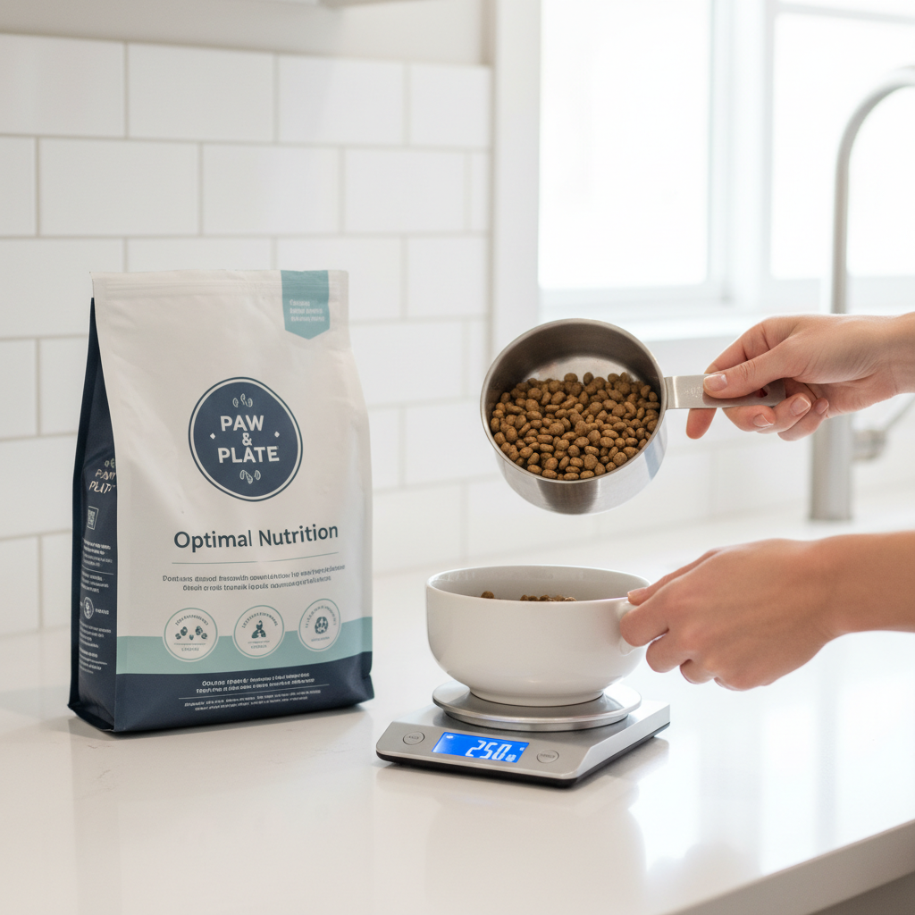 Measuring dog kibble portions with a kitchen scale and measuring cup