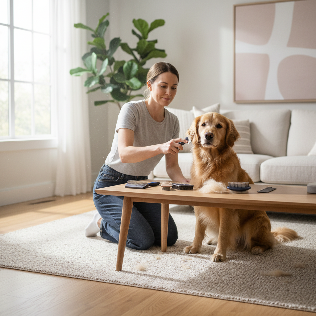 Owner brushing a shedding dog at home with grooming tools