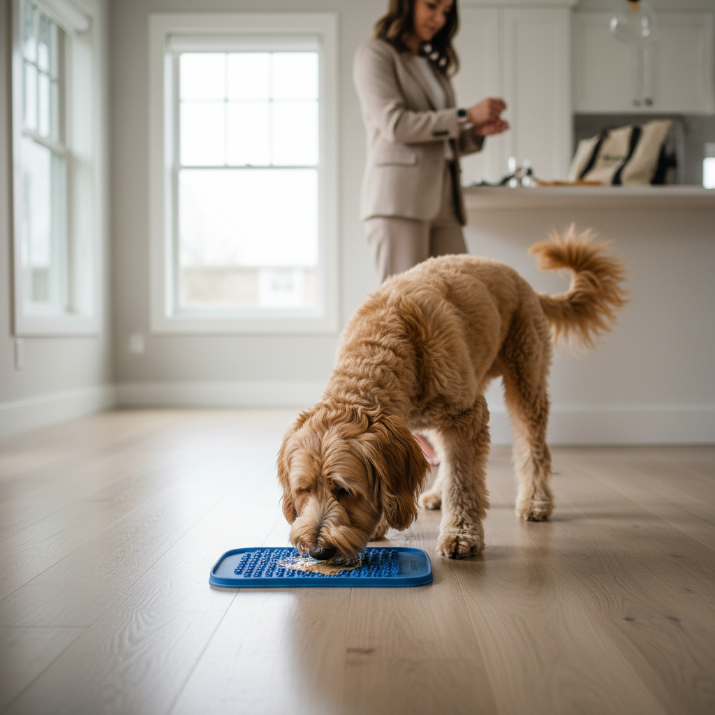 Dog enrichment feeding with a lick mat to support calm alone-time training