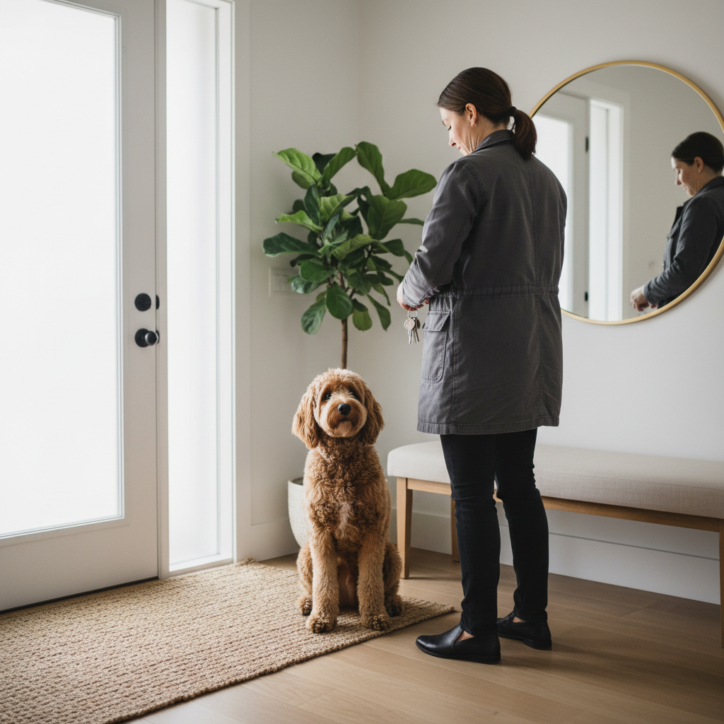 Dog showing separation anxiety at the door while owner prepares to leave