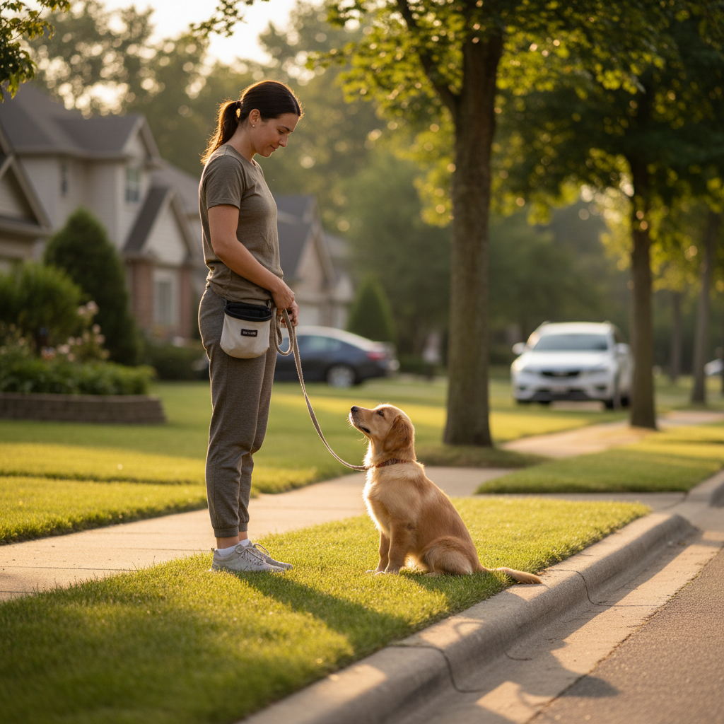 Owner using a consistent puppy potty training schedule outdoors on leash
