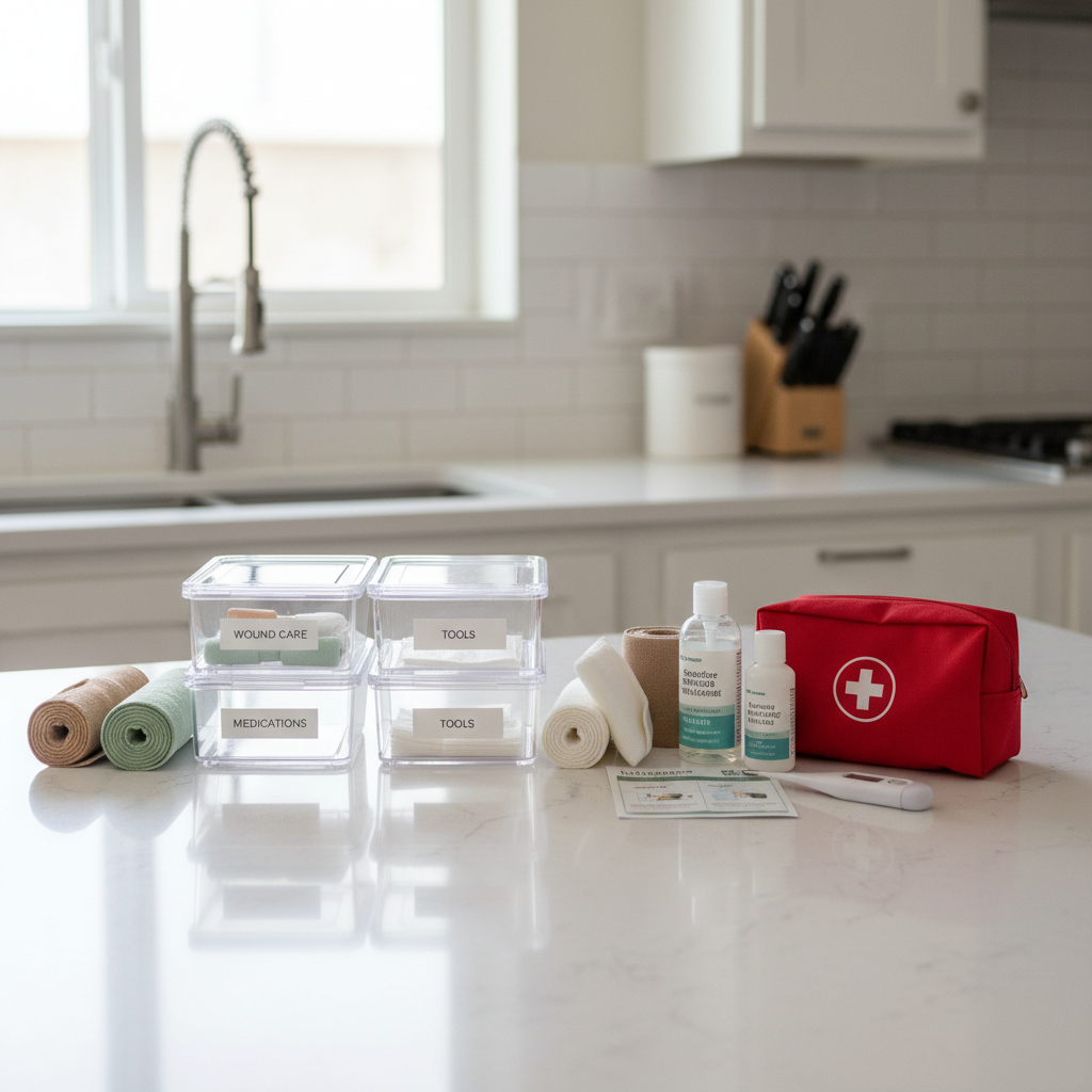 Pet first aid essentials organized at home in labeled bins