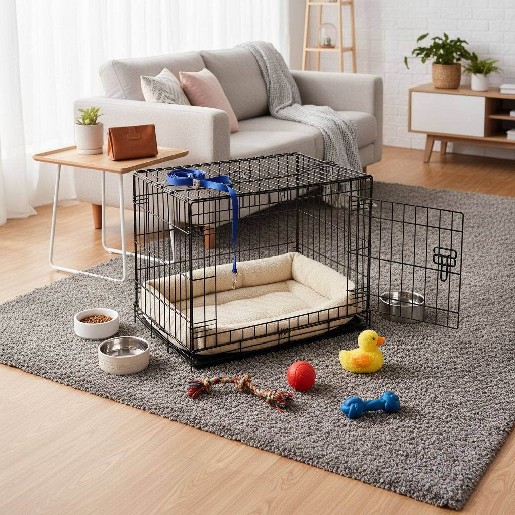 New puppy training setup at home with crate, leash, and treats