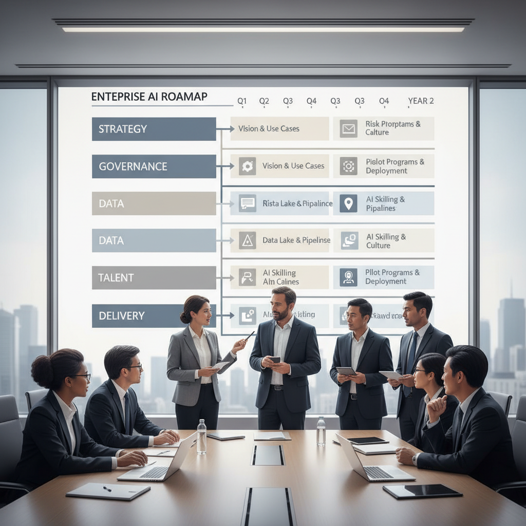 Enterprise AI roadmap connecting strategy, governance, and delivery