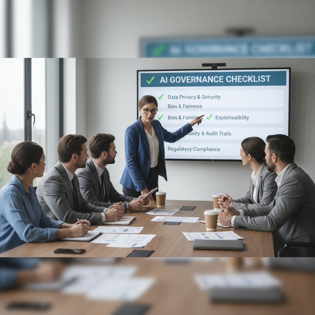 AI governance and regulation review meeting with compliance checklist
