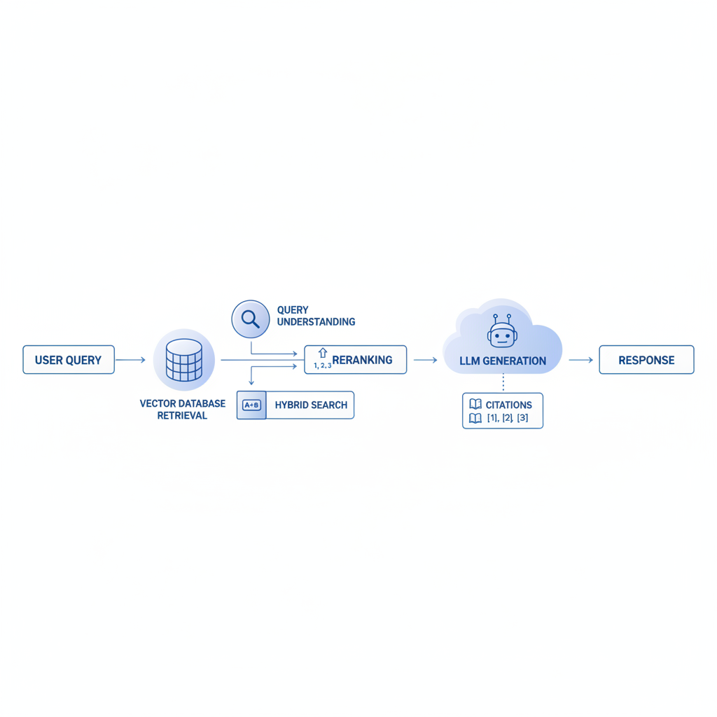 Diagram-style illustration of a RAG pipeline with retrieval, reranking, and generation stages