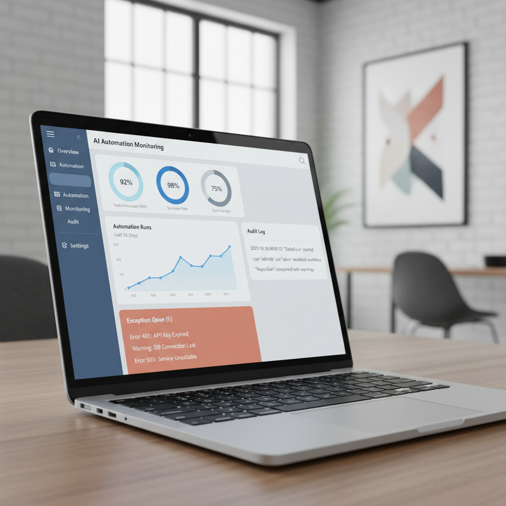 Dashboard showing AI automation monitoring, audit logs, and exception queues