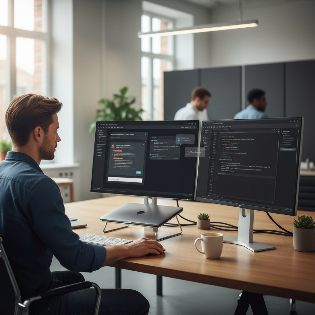 Developer using Vibe Coding with an AI assistant to turn natural language into code