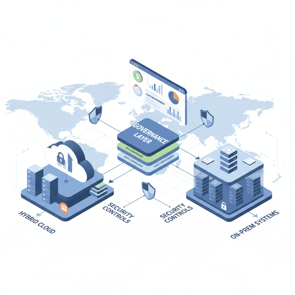 Cloud computing architecture diagram showing hybrid cloud, governance, and cost controls