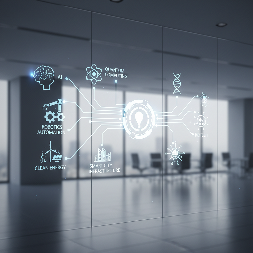 Future technology roadmap with AI, quantum computing, robotics, and clean energy