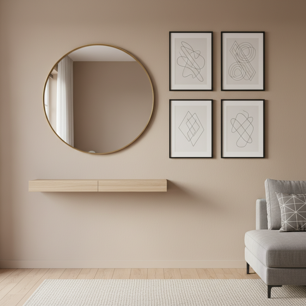 Small space wall decor with a large mirror and simple gallery arrangement
