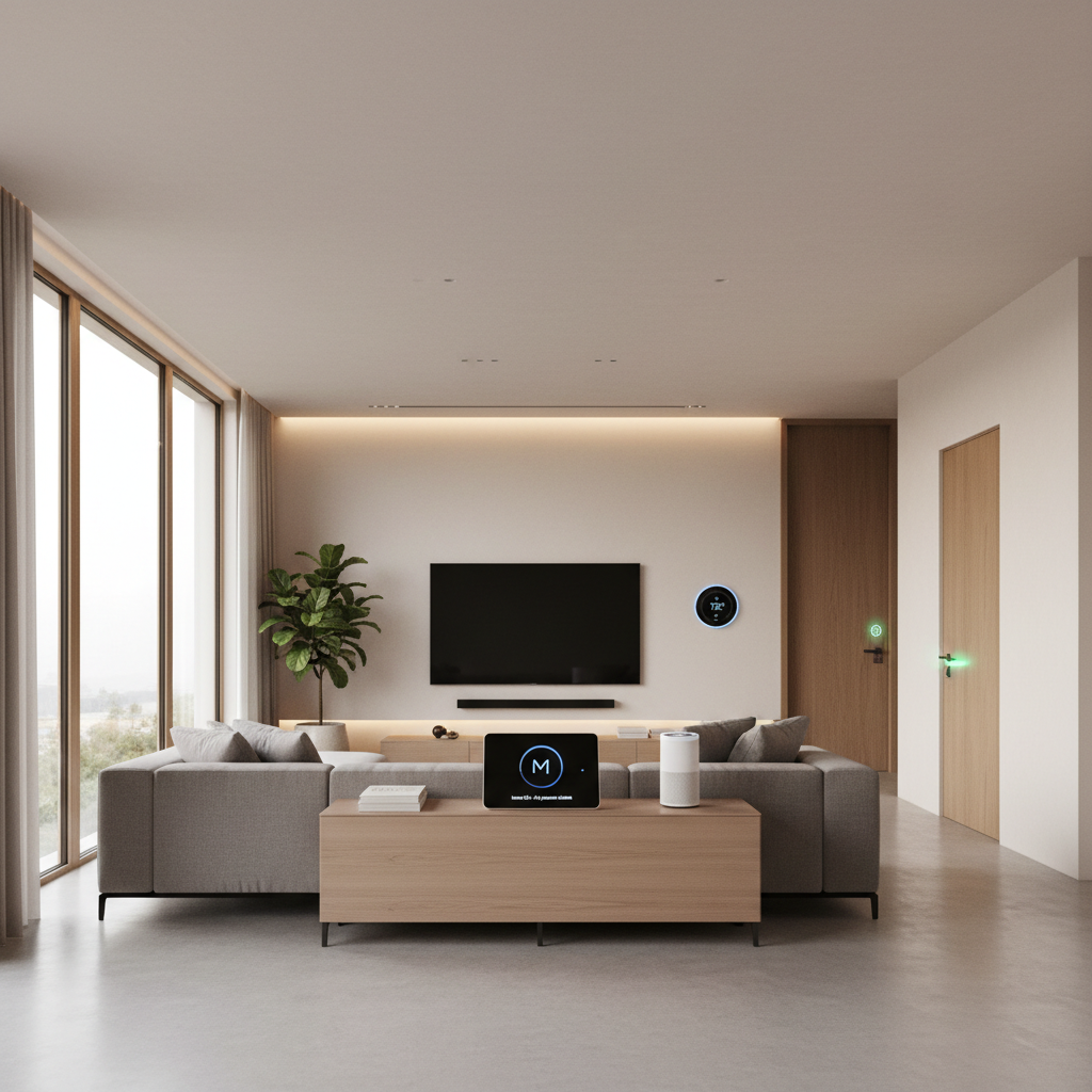 Modern smart home setup with connected devices and voice assistant hub