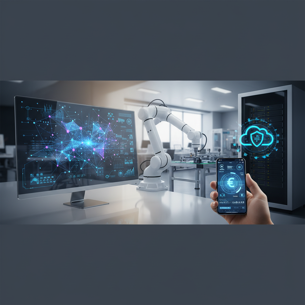 Collage of emerging tech trends including AI, robotics, and cloud security in a US business setting
