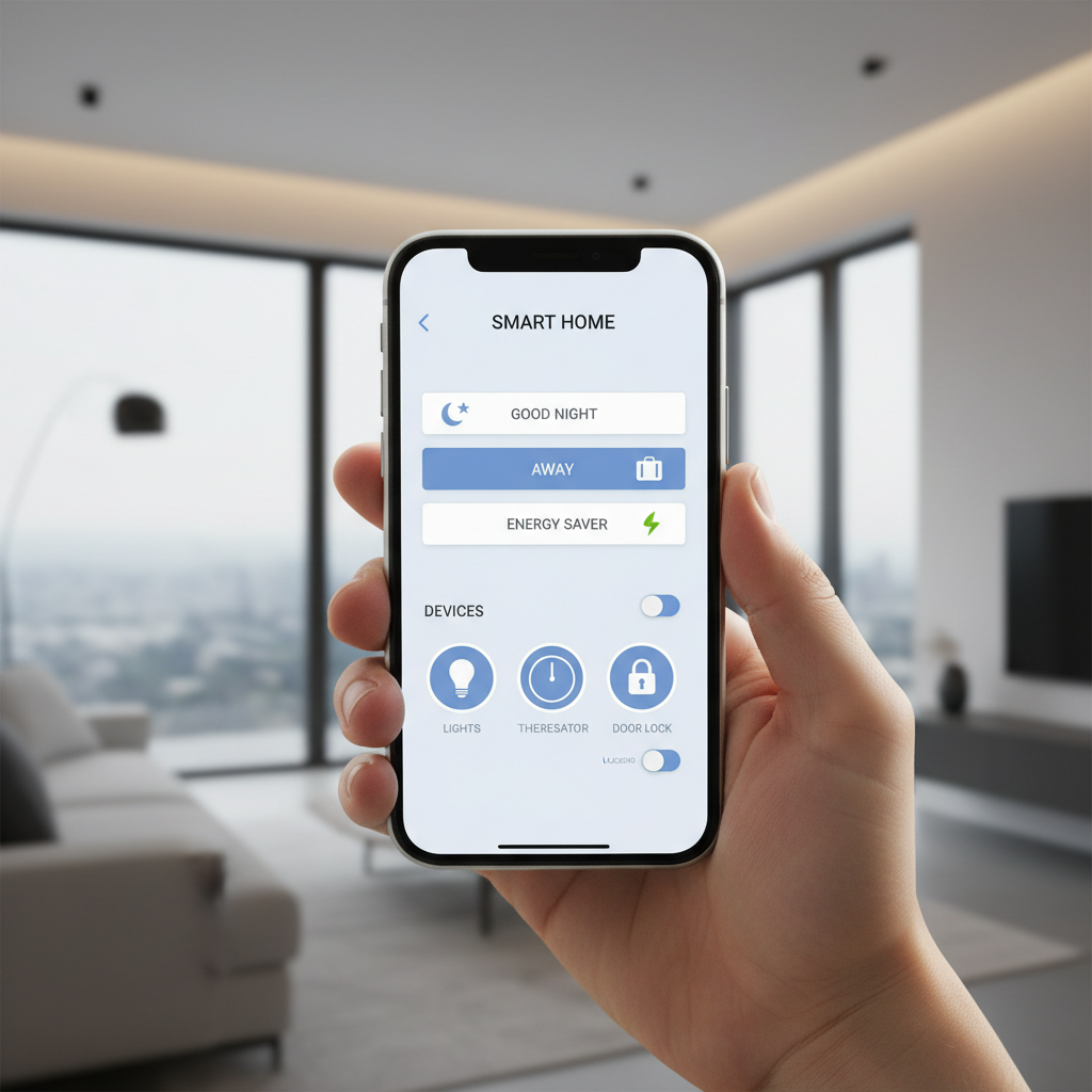 Smart home automation routines on a smartphone controlling lights thermostat and security