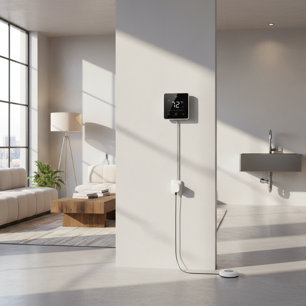 Smart home devices like thermostat, smart plugs, and leak sensor in a real living space