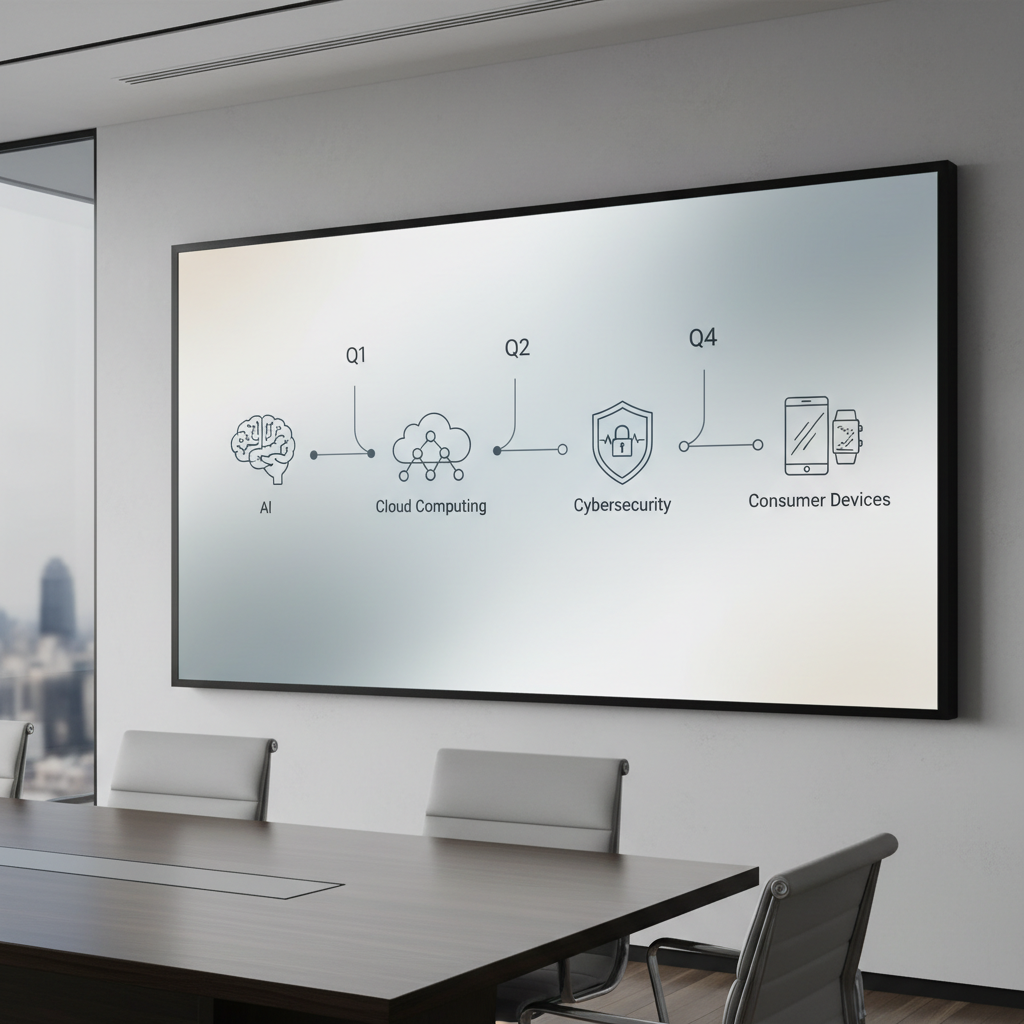 Emerging tech trends roadmap with AI, cybersecurity, and cloud icons