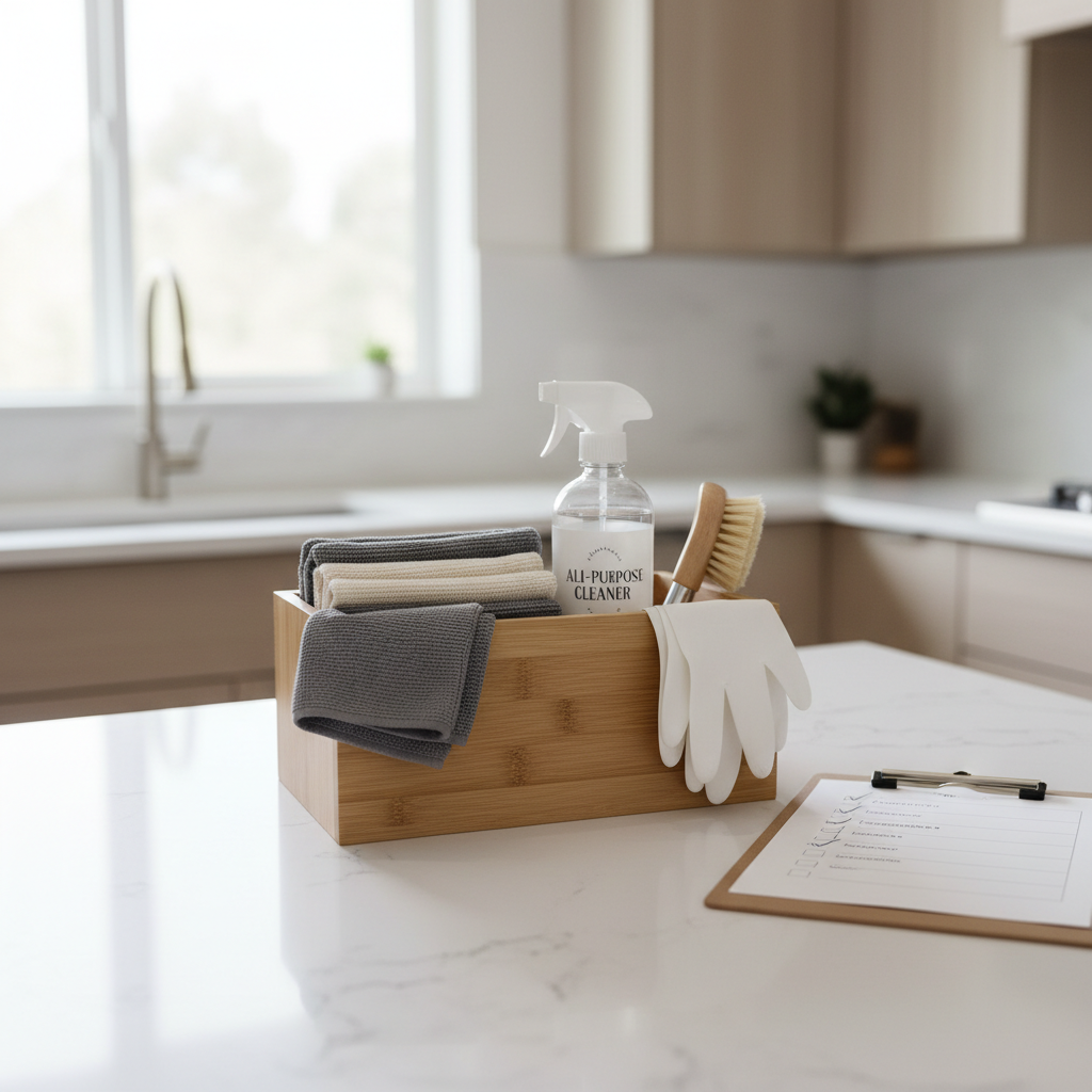 Simple home cleaning caddy with supplies on a kitchen counter