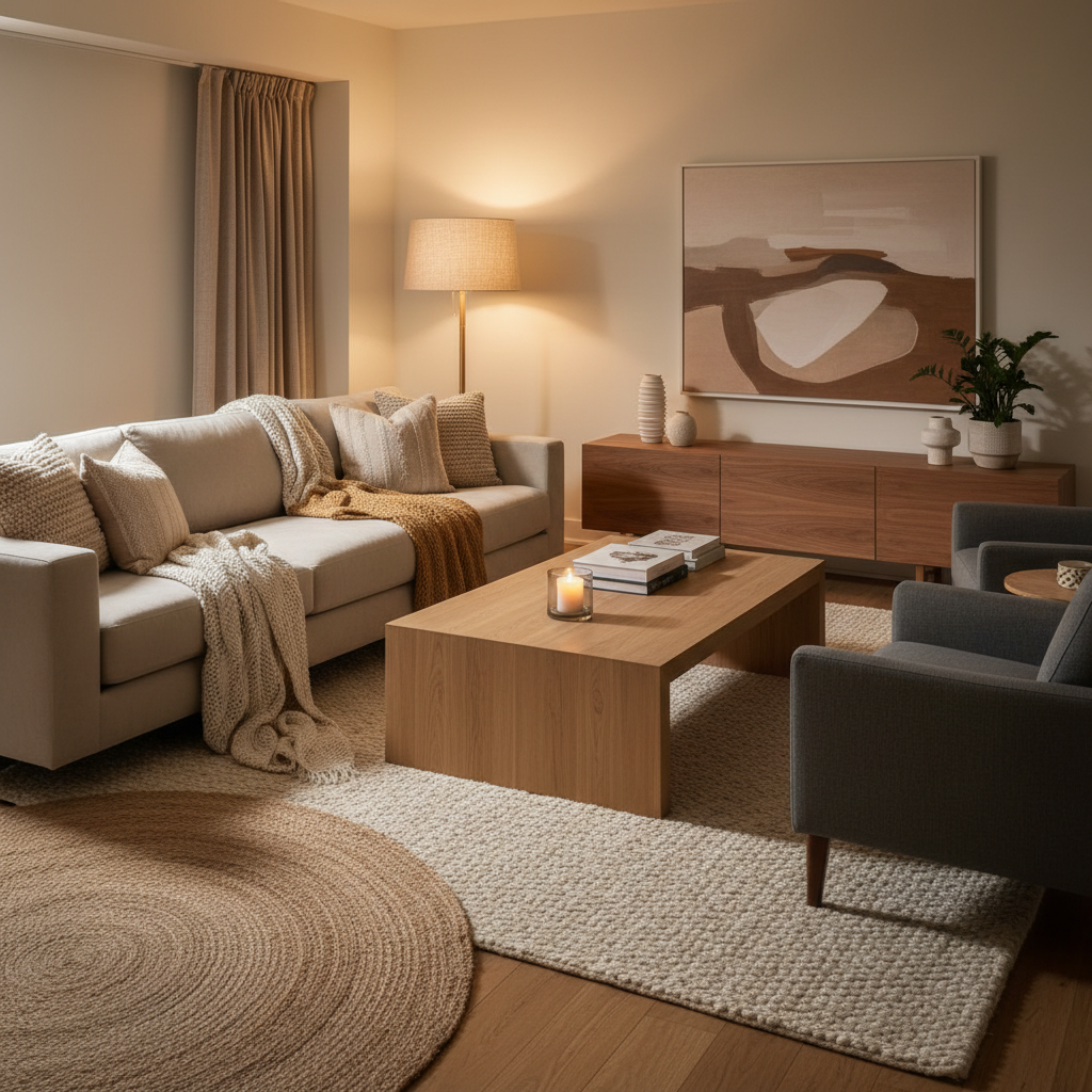 Cozy living room with soft lighting, layered textiles, and warm decor accents