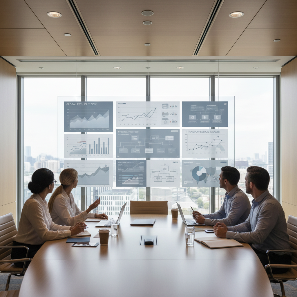 Enterprise team reviewing tech industry reports and IT insights in a meeting room