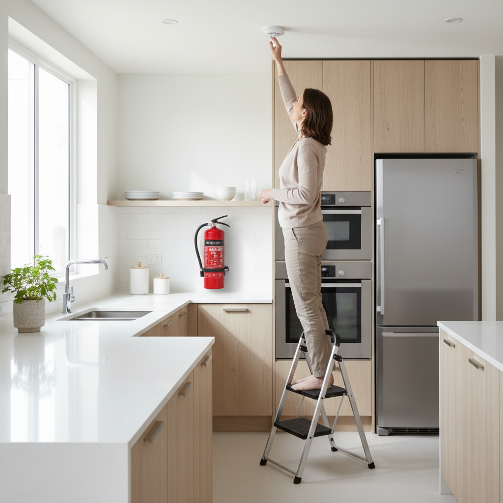 Home safety check with smoke detector testing and a fire extinguisher in a kitchen