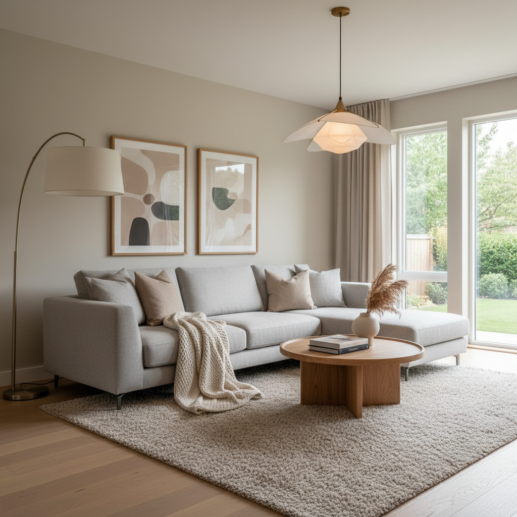 Warm modern home decor living room with neutral palette and layered lighting
