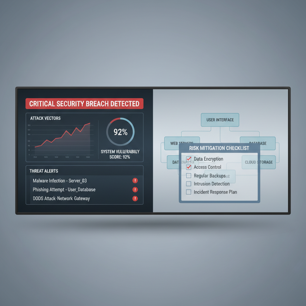 Cybersecurity update alert next to cloud architecture diagram and risk checklist