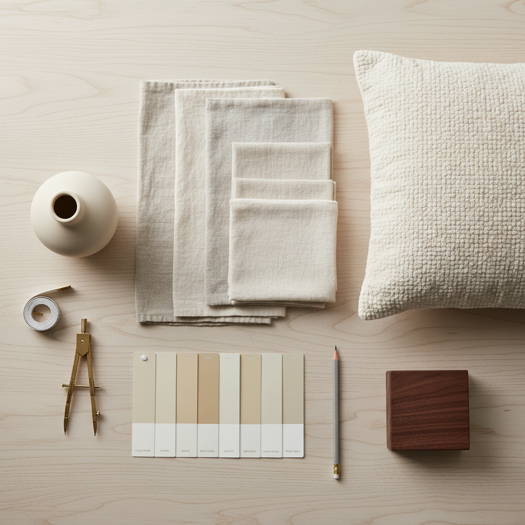 Neutral color home decor palette with textured textiles and wood accents for modern simple interior design