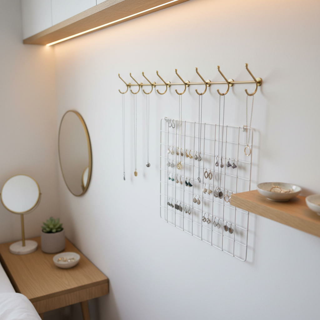 Necklaces and earrings organized on wall-mounted hooks in a small bedroom