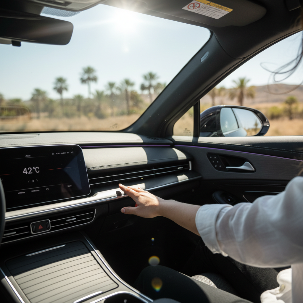 Car interior thermometer showing high temperature and driver ventilating car before turning on AC