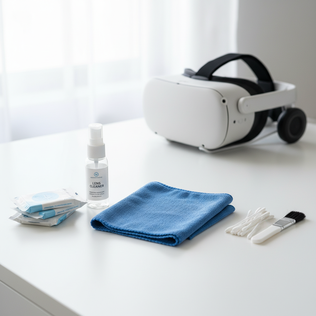 VR headset cleaning kit with microfiber cloth and lens-safe wipes