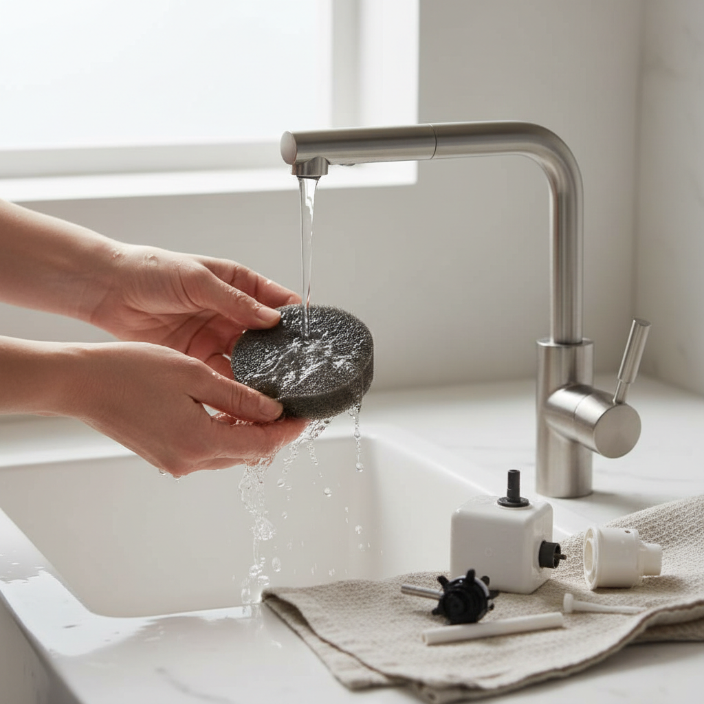 Hands rinsing a foam pre-filter and cleaning a pet fountain pump