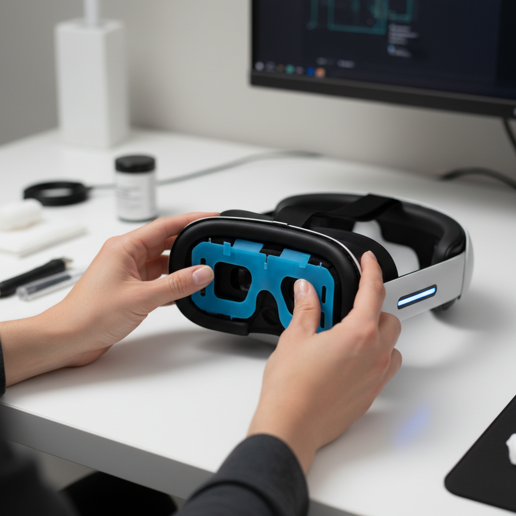 VR headset being reassembled after face pad replacement with attention to alignment and comfort