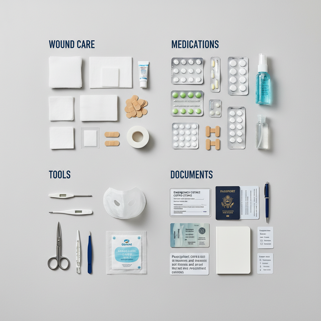 Travel first aid kit essentials arranged by categories with a simple checklist