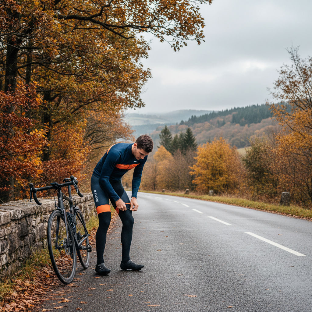 Road cyclist adjusting leg warmers during a cool-weather ride