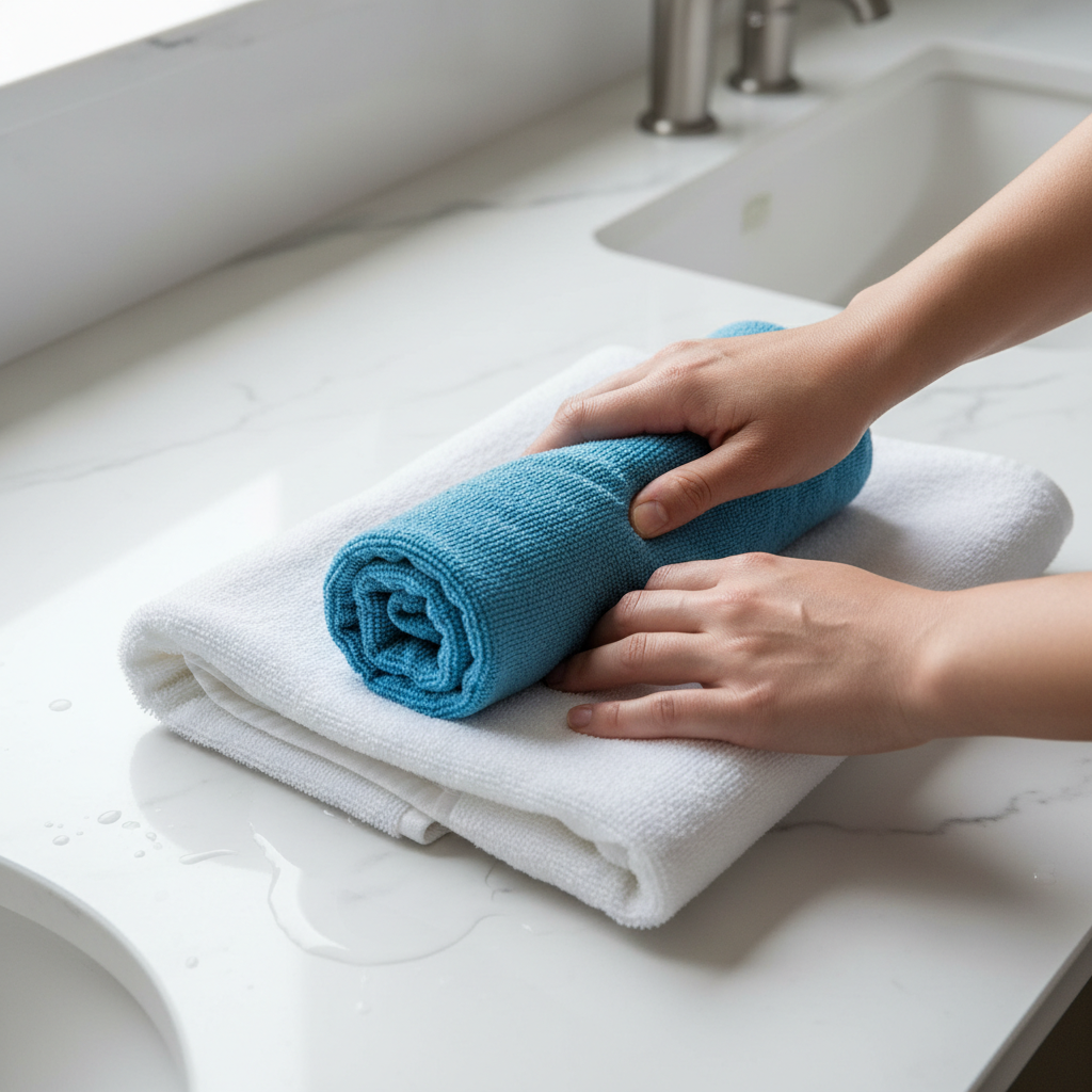 Rolling a travel towel to squeeze out water before drying