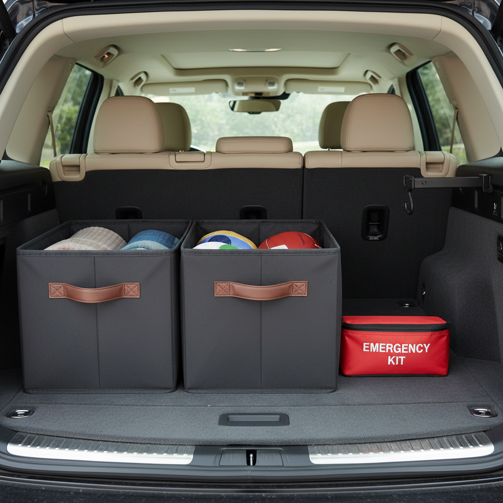 Car trunk organized with collapsible bins and a small emergency kit