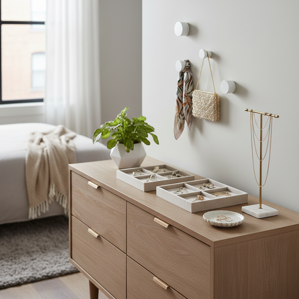 Small-space jewelry organization setup on a dresser with trays and wall hooks