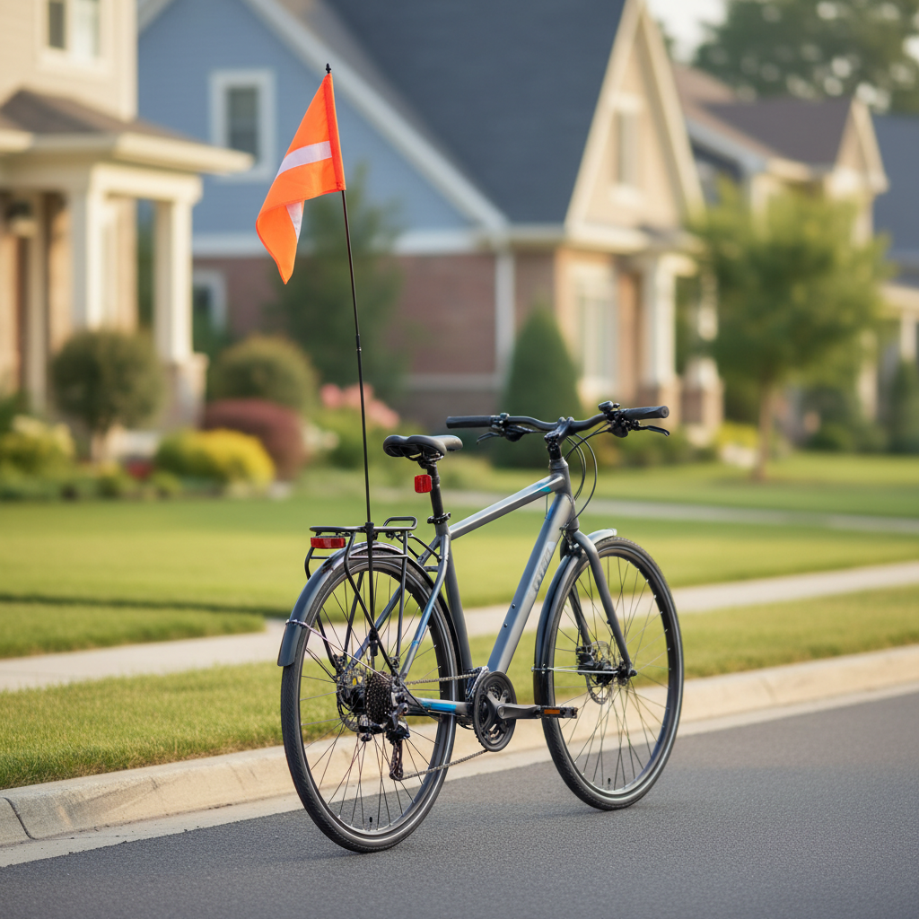 Bike safety flag mounted upright on a bicycle near rear wheel