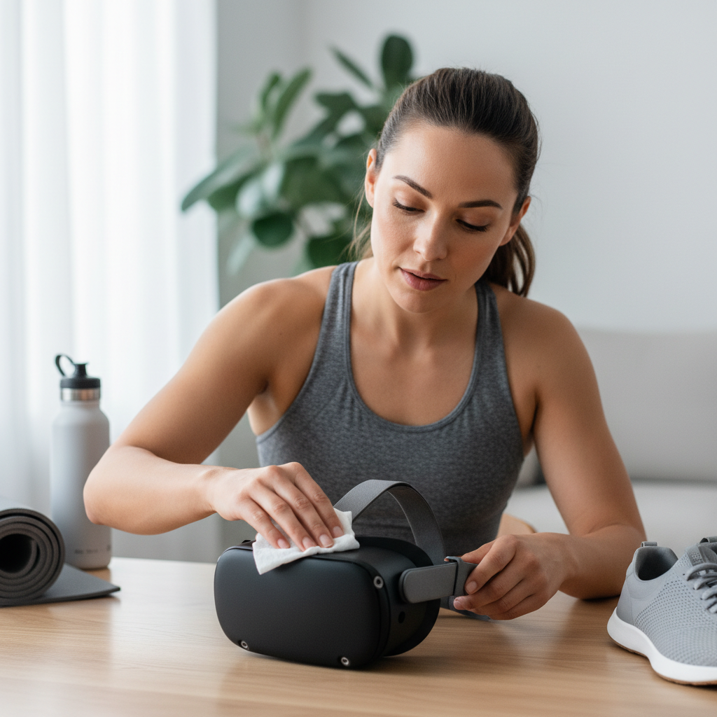Wiping down VR headset facial interface and straps after workout