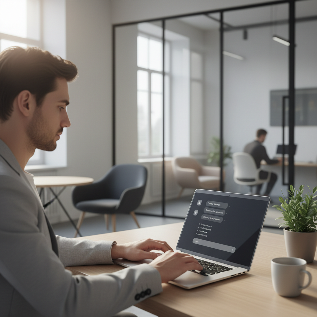 Beginner using ChatGPT on a laptop with prompt examples on screen