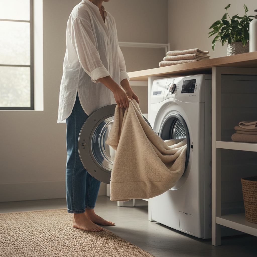 Freshly cleaned dog bed cover being removed from washer for proper cleaning