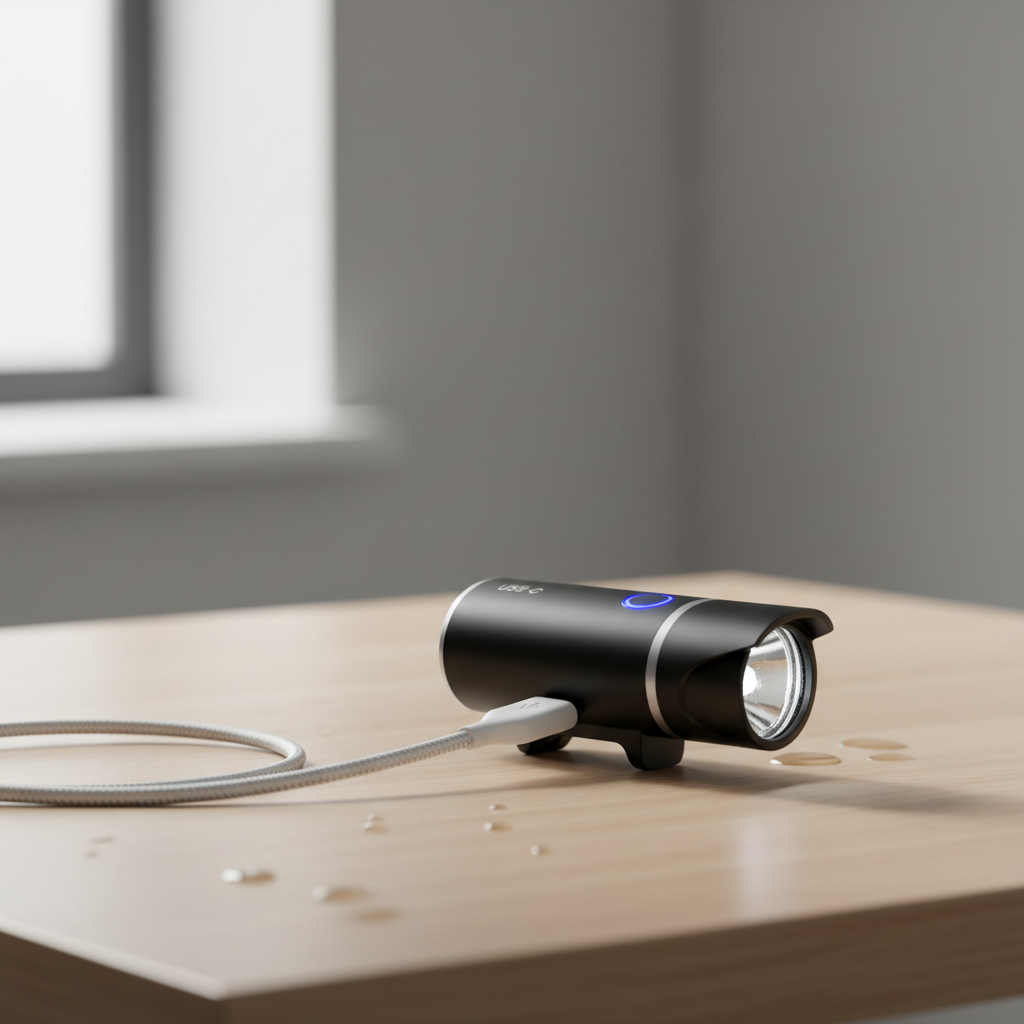 Charging a bike light via USB-C on a clean desk setup