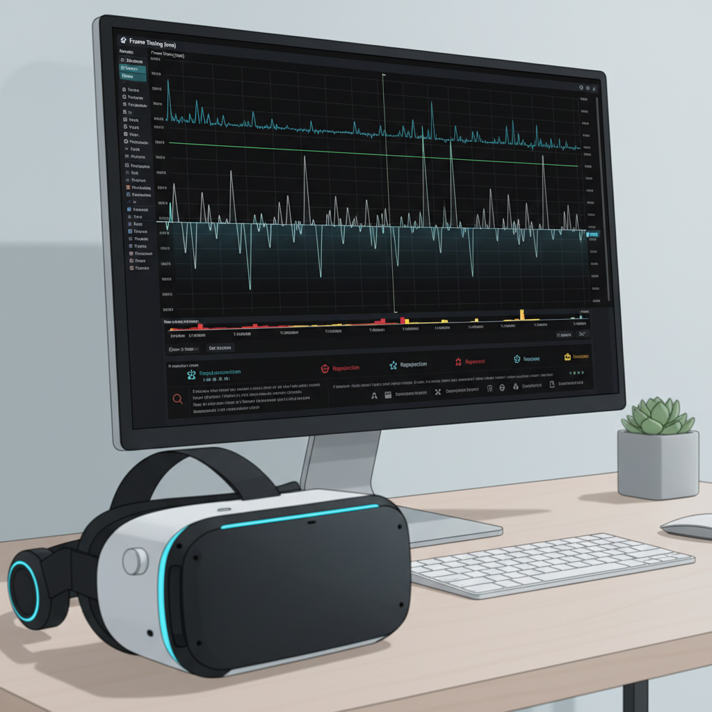 SteamVR performance graph with frame timing spikes and VR headset overlay