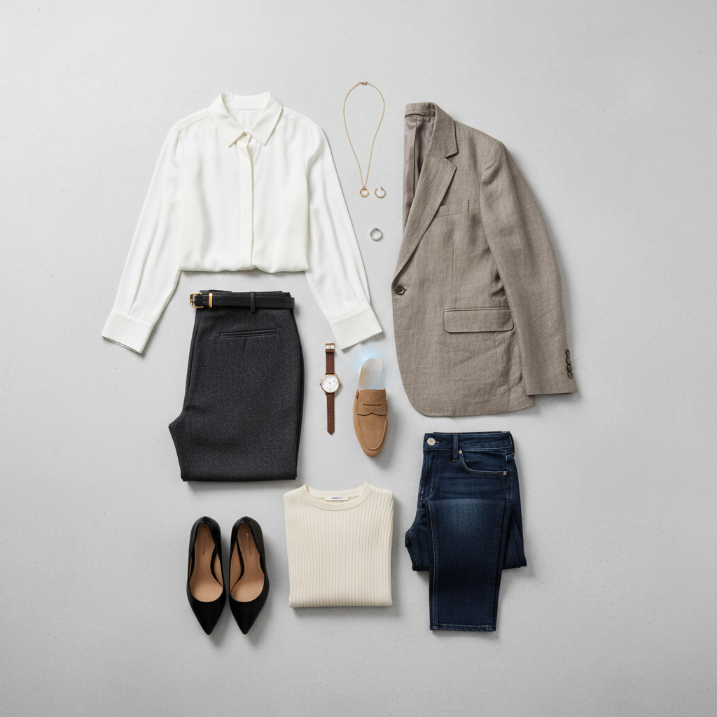 Flat lay of blazer work outfit formulas with tops, pants, and shoes