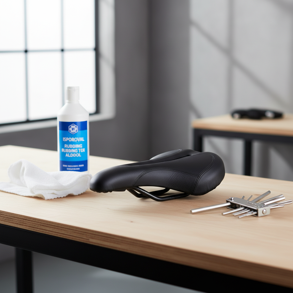 Bike saddle with seat cover, tools laid out for installation