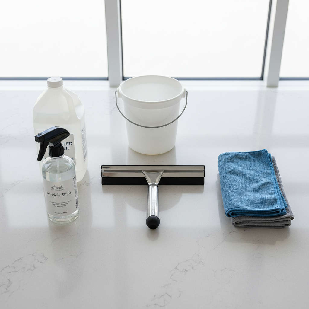 Window cleaning tools laid out: squeegee, microfiber cloths, spray bottle, and bucket
