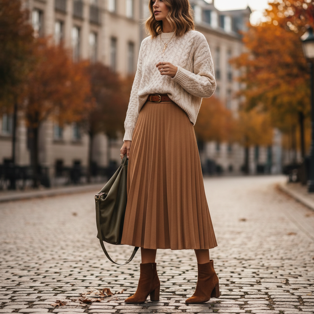 Fall midi skirt outfit with chunky knit sweater and ankle boots
